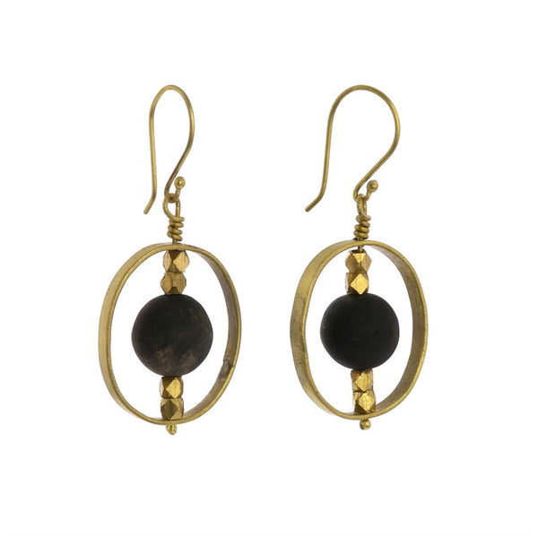 Brass Earrings with Floating Horn Bead - Dark Horn