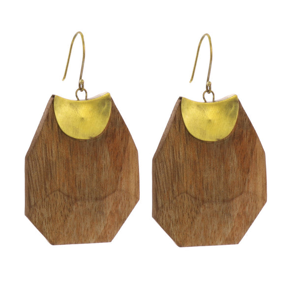 Topanga Earrings, Brass & Faceted Wood - Light