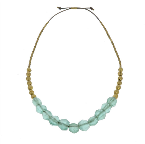 Seaglass Beaded Brass Necklace-Aqua