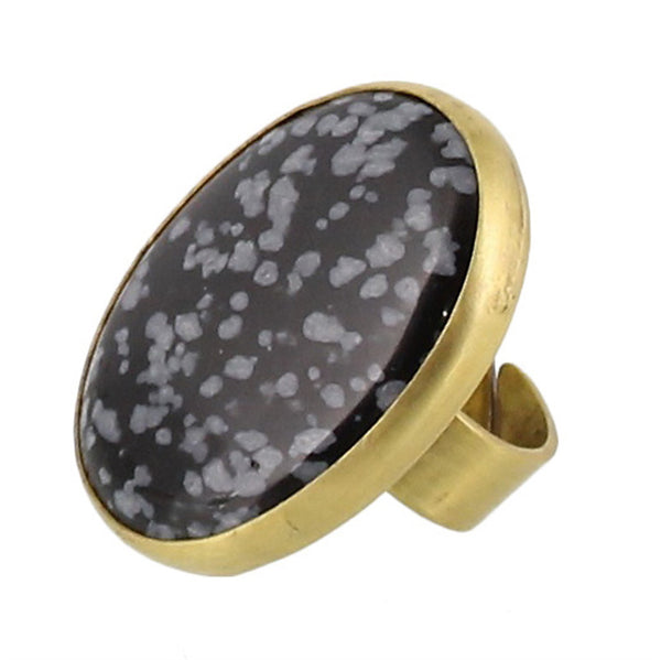 Brass Bezel Set Ring - Snowflake Obsidian