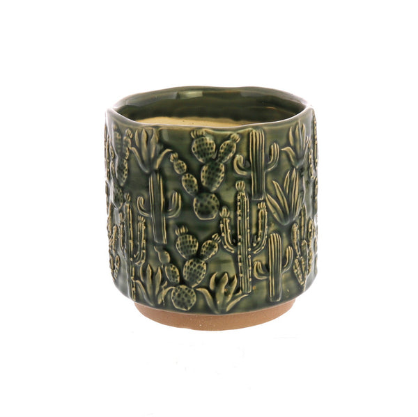 Cactus Motif Cachepot, Ceramic - Sm - Green