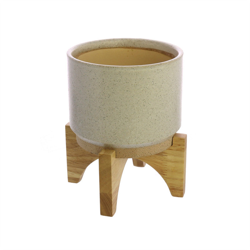 Ames Cachepot, Ceramic with Wood - Sm - White, Natural