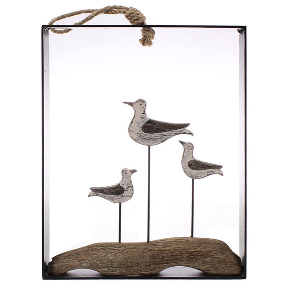 Framed Gulls, Wood and Metal - White & Natural Wood