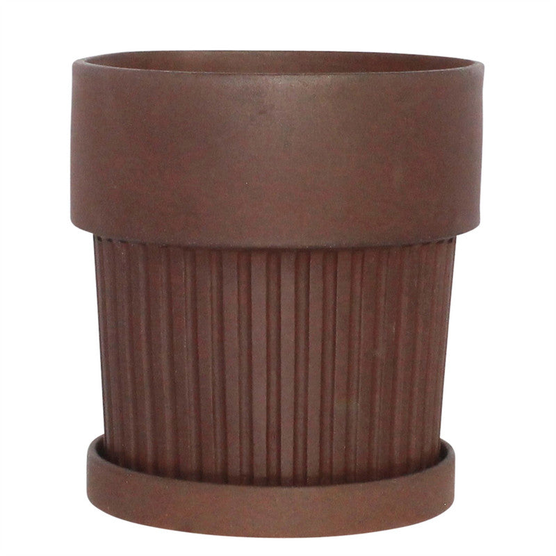 Ribbed Clay Pot & Saucer - Lrg - Brown Clay